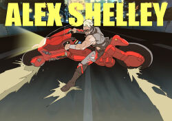 Rule 34 | 1boy, akira (manga), akira slide, alex shelley, beard, black hair, blonde hair, character name, commentary request, crossover, english text, facial hair, goggles, grin, impact wrestling, kaneda shoutarou&#039;s bike, kyobashi, looking at viewer, male focus, motor vehicle, motorcycle, multicolored hair, muscular, muscular male, new japan pro wrestling, pants, parody, short hair, smile, solo, vest, wrestler, wrestling