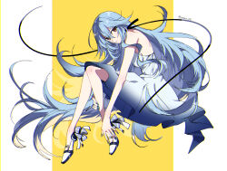 Rule 34 | 1girl, absurdly long hair, ankle bow, ankle ribbon, ayanami rei, black ribbon, blue dress, blue hair, blue nails, bow, brown eyes, dress, evangelion: 3.0+1.0 thrice upon a time, full body, gradient dress, grey bow, hair between eyes, hair ribbon, highres, leg ribbon, long hair, looking at viewer, nail polish, neon genesis evangelion, rebuild of evangelion, ribbon, solo, twitter username, very long hair, white dress, yoshio 296