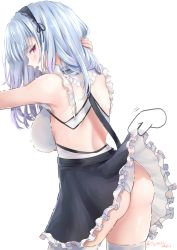 Rule 34 | 1girl, arm up, ass, azur lane, back, bare shoulders, black hairband, blush, breasts, choker, clothes lift, dido (azur lane), dress, dress lift, earrings, frilled dress, frills, fujimori shiki, hairband, highres, jewelry, large breasts, looking at viewer, maid, open mouth, panties, silver hair, simple background, sleeveless, thighhighs, underwear, wedgie, white background, white thighhighs