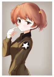 Rule 34 | 1girl, absurdres, alisa (girls und panzer), blush, brown eyes, brown hair, brown jacket, closed mouth, commentary, emblem, finger to cheek, freckles, from side, frown, girls und panzer, grey background, hair ornament, highres, jacket, long sleeves, looking at viewer, military, military uniform, oritako, saunders military uniform, short hair, short twintails, solo, star (symbol), star hair ornament, twintails, uniform, upper body