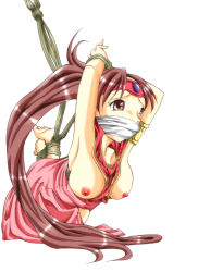 Rule 34 | 1girl, barefoot, bdsm, bondage, bound, breasts, brown eyes, brown hair, cleave gag, cloth gag, clothes pull, fire emblem, fire emblem: mystery of the emblem, fire emblem: shadow dragon, gag, gagged, hachikumo, improvised gag, linde (fire emblem), long hair, nintendo, nipples, over the mouth gag, ponytail, rope, shirt pull, simple background, solo, suspension
