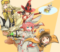 Rule 34 | 1boy, 5girls, black hair, blue eyes, breasts, brown hair, cleavage, elphelt valentine, faust (guilty gear), guilty gear, hat, i-no, large breasts, long hair, may (guilty gear), millia rage, multiple girls, pink hair, ramlethal valentine, witch hat