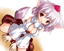 Rule 34 | 1girl, animal ears, bare shoulders, blush, breasts, cleavage, cleavage cutout, clothing cutout, detached sleeves, hat, inubashiri momiji, japanese clothes, kimono, large breasts, looking at viewer, open clothes, open kimono, open mouth, pom pom (clothes), red eyes, shinhoya, short hair, silver hair, sitting, solo, tail, tokin hat, touhou, wariza, wolf ears, wolf tail
