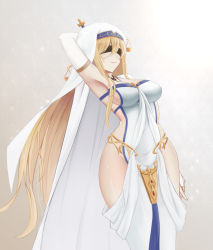 Rule 34 | 10s, 1girl, absurdres, arm behind head, armpits, blindfold, blonde hair, breasts, bridal veil, cleavage, dress, elbow gloves, gloves, goblin slayer!, gold, habit, highres, hip focus, jewelry, large breasts, long hair, necklace, no panties, parted lips, qiye luoying, revealing clothes, scales, solo, sword maiden, thighs, veil, very long hair, white dress