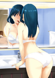 Rule 34 | 1girl, applying makeup, arm support, ass, bathroom, bed, blue eyes, blue hair, bra, breasts, cosmetics, cowboy shot, faucet, highres, kawamura tsukasa, leaning forward, lipstick, lipstick tube, long hair, makeup, medium breasts, mirror, original, panties, red lips, revision, sink, solo, standing, tile wall, tiles, towel, underwear, underwear only, white bra, white panties