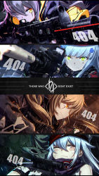 Rule 34 | &gt;:), 404 (girls&#039; frontline), 404 logo (girls&#039; frontline), 4girls, absurdres, action, aiming, ammunition pouch, armband, artist logo, artist name, assault rifle, beret, black jacket, black legwear, blunt bangs, blurry, blurry background, blush, blush stickers, boots, breasts, brown eyes, brown hair, bullpup, caseless firearm, casing ejection, clenched teeth, closed mouth, clothes writing, clothing cutout, commentary request, convenient leg, crossed bangs, dirty, eotech, artistic error, explosion, facial mark, fingerless gloves, firing, flashbang, g11 (girls&#039; frontline), german flag, girls&#039; frontline, gloves, green eyes, grenade pin, gun, h&amp;k g11, h&amp;k hk416, h&amp;k ump, h&amp;k ump, h&amp;k ump, hair between eyes, hair ornament, hair over one eye, hair ribbon, hat, heckler &amp; koch, highres, hk416 (girls&#039; frontline), holding, holding gun, holding weapon, hood, hood down, hooded jacket, jacket, knee pads, knees together feet apart, laser sight, light, long hair, looking at viewer, magazine (weapon), mahousho, md5 mismatch, medium breasts, mud, multiple girls, muzzle flash, one eye closed, one side up, open clothes, open mouth, photoshop (medium), plaid, plaid skirt, pouch, rain, ribbon, rifle, scar, scar across eye, scar on face, scarf, scarf on head, scope, shell casing, shirt, shorts, shoulder cutout, side ponytail, sidelocks, silver hair, single leg pantyhose, sitting, skirt, smoke, smoke grenade, submachine gun, suppressor, sweatdrop, teardrop, teeth, twintails, ump45 (girls&#039; frontline), ump9 (girls&#039; frontline), v-shaped eyebrows, very long hair, water, weapon, wet, yellow eyes