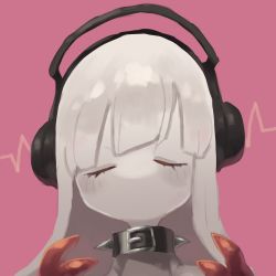 Rule 34 | 1girl, blush, collar, colored skin, eye (okame nin), closed eyes, facing viewer, fewer digits, headphones, heartbeat, highres, listening to music, long hair, no mouth, okame nin, original, pink background, solo, spiked collar, spikes, white hair, white skin