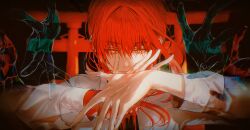 Rule 34 | 1girl, absurdres, black necktie, blood, blood drip, blood on hands, chainsaw man, eyelashes, highres, looking ahead, makima (chainsaw man), necktie, own hands together, palms together, red hair, ringed eyes, shirt, siyrgr, solo, torii, upper body, white shirt