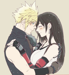 Rule 34 | 1boy, 1girl, armor, bare shoulders, black hair, blonde hair, blue eyes, blush, breasts, cloud strife, couple, crop top, earrings, final fantasy, final fantasy vii, final fantasy vii remake, fingerless gloves, gloves, hands on another&#039;s shoulders, hug, jewelry, large breasts, long hair, looking at another, shoulder armor, shouyu (soysoy), smile, spiked hair, suspenders, sweater, tank top, tifa lockhart, turtleneck, turtleneck sweater