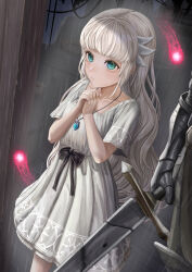 Rule 34 | 1boy, 1girl, absurdres, blue eyes, commentary, dress, ender lilies quietus of the knights, expressionless, grey dress, grey hair, highres, holding, holding sword, holding weapon, jewelry, knight, lily (ender lilies), long hair, looking up, necklace, own hands clasped, own hands together, pendant, rain, silvertsuki, solo focus, spirit, sword, umbral knight (ender lilies), weapon
