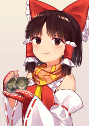 Rule 34 | 1girl, :q, animal, benikurage (cookie), blush, bow, brown eyes, brown hair, cat, commentary, cookie (touhou), detached sleeves, frilled bow, frilled hair tubes, frilled shirt collar, frills, gloves, grey background, hair bow, hair tubes, hakurei reimu, highres, holding, holding animal, holding cat, kitten, konfu nodashino bubun, licking lips, looking at viewer, mittens, nontraditional miko, orange scarf, parted bangs, red bow, red gloves, red shirt, ribbon-trimmed sleeves, ribbon trim, scarf, shirt, short hair, simple background, sleeveless, sleeveless shirt, solo, striped clothes, striped scarf, tongue, tongue out, touhou, upper body, white sleeves, yellow scarf