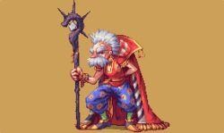 Rule 34 | 1990s (style), 1boy, abysswolf, arms behind back, brown background, cape, eyebrows, facial hair, final fantasy, final fantasy vi, grey hair, male focus, mustache, old, old man, pixel art, retro artstyle, solo, staff, strago magus, thick eyebrows