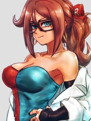 Rule 34 | 1girl, adapted costume, alternate hairstyle, android 21, bare shoulders, black-framed eyewear, black detached sleeves, black nails, blue dress, blue eyes, breasts, brown hair, checkered clothes, checkered dress, cleavage, closed mouth, coat, collarbone, commentary request, covered erect nipples, curly hair, detached sleeves, dragon ball, dragon ball fighterz, dress, earrings, female focus, flat color, glasses, grey background, hair between eyes, hair ribbon, hair up, hand on own hip, high ponytail, hoop earrings, jewelry, kemachiku, lab coat, large breasts, logo, long hair, looking at viewer, nail polish, neck, off shoulder, ponytail, red dress, red ribbon, red ribbon army, ribbon, ring, shiny skin, simple background, smile, solo, strapless, strapless dress, two-tone dress, upper body, very long hair, white coat