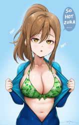 Rule 34 | 1girl, alternate breast size, bad link, bikini, blue background, bodysuit, bow, bow bra, bra, breasts, brown hair, cleavage, diving suit, english text, flashing, green bikini, half-closed eyes, highres, jumpsuit, kunikida hanamaru, large breasts, long hair, love live!, love live! sunshine!!, motion lines, navel, open bodysuit, open clothes, patterned clothing, ponytail, speech bubble, sweat, sweatdrop, swimsuit, underwear, unsfrau, wetsuit, yellow eyes