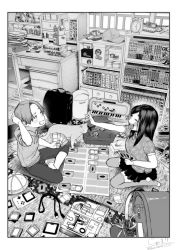 Rule 34 | 1boy, 1girl, absurdres, alarm clock, animal, backpack, bag, blush, book, bookshelf, card, cat, chair, child, clock, closed eyes, commentary request, desk, game boy, game boy (original), greyscale, hand on own head, handheld game console, hat, highres, holding, holding card, hood, hoodie, indoors, instrument, jorori, keyboard (instrument), manga (object), melodica, monochrome, on ground, open mouth, original, paid reward available, pants, playing games, randoseru, school bag, shirt, sitting, skirt, smile, thighhighs, tissue box, toy, toy tank, wariza, window, wire