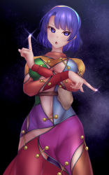 Rule 34 | 1girl, blue eyes, blue hair, breasts, cape, cloak, cowboy shot, hairband, highres, large breasts, looking at viewer, midriff, multicolored clothes, multicolored hairband, navel, night, night sky, patchwork clothes, pointing, rainbow gradient, short hair, shounen (hogehoge), sky, sky print, stomach, tenkyuu chimata, touhou, unzipped, yellow bag, zipper