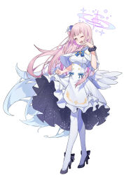 Rule 34 | 1girl, absurdres, angel wings, blue archive, breasts, capelet, dress, flower, hair bun, hair flower, hair ornament, halo, highres, ken rqll, large breasts, long hair, mika (blue archive), one eye closed, open mouth, pantyhose, pink hair, pink halo, purple flower, simple background, single side bun, smile, solo, white background, white capelet, white dress, white pantyhose, white wings, wings, yellow eyes