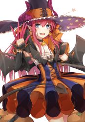 Rule 34 | 1girl, :d, bat wings, black choker, black cola, black hat, black wings, blue eyes, choker, collarbone, commentary request, curled horns, demon tail, detached sleeves, dress, earrings, elizabeth bathory (fate), elizabeth bathory (halloween caster) (fate), fate/grand order, fate (series), frilled hat, frills, hair between eyes, hand up, hat, highres, horns, horns through headwear, jack-o&#039;-lantern, jack-o&#039;-lantern earrings, jewelry, long hair, long sleeves, looking at viewer, open mouth, pink hair, pointy ears, sidelocks, smile, solo, star (symbol), star print, strapless, strapless dress, striped clothes, striped dress, tail, vertical-striped clothes, vertical-striped dress, very long hair, wings, witch hat