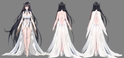 Rule 34 | 1girl, absurdres, arms at sides, ass, azur lane, back, backboob, backless dress, backless outfit, bare back, bare shoulders, black hair, breasts, butt crack, center opening, character sheet, choker, cleavage, closed mouth, clothing cutout, commentary request, concept art, detached collar, dress, flower, from behind, full body, gloves, green eyes, grey background, hair flower, hair ornament, high heels, highres, horns, huge breasts, indomitable (azur lane), kincora, large breasts, long dress, long hair, looking at viewer, multiple views, navel, official alternate costume, official art, panties, parted lips, revealing clothes, see-through, see-through dress, simple background, sleeveless, sleeveless dress, smile, solo, standing, thighs, turnaround, turtleneck, underwear, very long hair, white dress, white flower, white footwear, white gloves, white panties