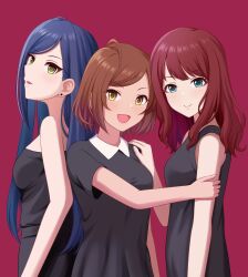 Rule 34 | 3girls, ahoge, back-to-back, black dress, blue eyes, blue hair, blush, breasts, brown hair, commentary, contamination (contami0813), dot nose, dress, earrings, green eyes, hand on another&#039;s shoulder, highres, idolmaster, idolmaster cinderella girls, im yujin, jewelry, juney, long hair, looking at viewer, medium breasts, medium hair, multiple girls, open mouth, parted lips, red background, red hair, ryoo haena, sidelocks, simple background, sleeveless, sleeveless dress, smile, strapless, strapless dress, yellow eyes