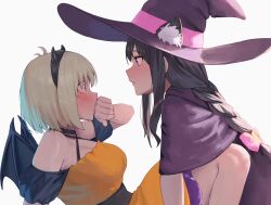 Rule 34 | 2girls, animal ear fluff, animal ears, bare shoulders, black choker, black hair, blonde hair, blush, bow, braid, choker, closed mouth, commentary request, covering own mouth, dress, embarrassed, fake animal ears, fake horns, fake wings, gomashiwo o, halloween costume, hand over own mouth, hat, highres, horns, inoue takina, long hair, lycoris recoil, multiple girls, nishikigi chisato, off-shoulder dress, off shoulder, official alternate costume, orange dress, pink bow, purple dress, purple eyes, red eyes, short hair, sidelocks, simple background, white background, wide-eyed, wings, witch hat, yuri