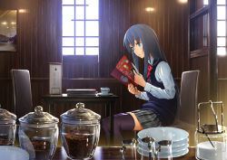 Rule 34 | 1girl, black hair, black thighhighs, blue eyes, blush, book, chair, cup, domo1220, grey skirt, holding, holding book, long hair, long sleeves, looking away, menu, open book, original, parted lips, plaid, plaid skirt, plate, reading, sitting, skirt, solo, table, teacup, thighhighs, window