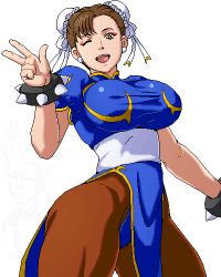 Rule 34 | 1girl, ;), bracelet, breasts, brown eyes, brown hair, brown pantyhose, bun cover, capcom, china dress, chinese clothes, chun-li, double bun, dress, earrings, eyeshadow, fringe trim, guile, hair bun, isu, jewelry, large breasts, lowres, makeup, narrow waist, oekaki, one eye closed, pantyhose, pelvic curtain, sash, short hair, smile, solo, spiked bracelet, spikes, street fighter, taut clothes, thick thighs, thighs, v, when you see it, wink