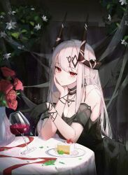 Rule 34 | 1girl, absurdres, alcohol, arknights, bare shoulders, black dress, black gloves, breasts, cake, cleavage, closed mouth, commentary, cross, cross necklace, cup, dress, drinking glass, english commentary, food, gloves, grey hair, hand on own cheek, hand on own face, highres, horns, jewelry, leria v, looking at viewer, mudrock (arknights), mudrock (obsidian) (arknights), necklace, official alternate costume, pointy ears, red eyes, red wine, single glove, sitting, vase, white hair, wine, wine glass