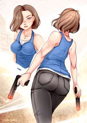 Rule 34 | 1girl, absurdres, ass, bare shoulders, blue eyes, breasts, brown hair, denim, dual wielding, from behind, gun, hair over one eye, handgun, highres, holding, idle antics, jeans, jill valentine, large breasts, looking at viewer, pants, parted lips, resident evil, resident evil 3: nemesis, shiny skin, short hair, solo, weapon