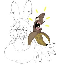 Rule 34 | 1boy, :3, androgynous, backwards hat, banana, breasts, choker, cleavage, earrings, eyebrows hidden by hair, eyelashes, food, fruit, furry, half-closed eyes, hat, highres, huge breasts, jewelry, looking at viewer, male with breasts, original, pb (theycallhimcake), rabbit ears, smile, smug, source request, spot color, tank top, theycallhimcake