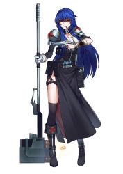 Rule 34 | 1girl, absurdres, armor, bandaged arm, bandages, black dress, black footwear, black thighhighs, bloodline, blue hair, boots, breasts, bullet, cleavage, dress, full body, gloves, gun, handgun, heterochromia, highres, long hair, long sleeves, looking at viewer, medium breasts, mouth hold, pouch, purple eyes, red eyes, sakimeikun-daze, shoulder armor, simple background, single glove, skirt, solo, standing, thighhighs, very long hair, weapon, white gloves