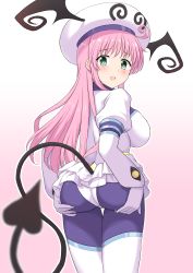 Rule 34 | 1girl, 1other, absurdres, ahoge, ass, black leggings, bodysuit, bodysuit under clothes, breasts, commentary request, demon tail, from behind, gloves, green eyes, hands on own ass, hat, head wings, highres, lala satalin deviluke, leggings, leotard, long hair, looking back, microskirt, open mouth, peke, perapera, pink hair, skin tight, skirt, smile, tail, thigh gap, thighhighs, thighs, to love-ru, white gloves, white headwear, white leotard, white skirt, white thighhighs, wings