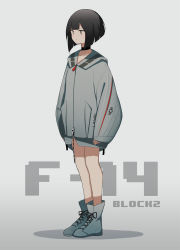 Rule 34 | 1girl, absurdres, bare legs, black eyes, black hair, blunt bangs, boots, closed mouth, clothes, expressionless, f-14 tomcat, fami (yellow skies), full body, highres, hood, hoodie, original, sleeves past wrists, solo