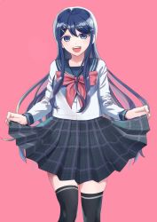 Rule 34 | 1girl, :d, black thighhighs, blue eyes, blue hair, bow, commentary request, cowboy shot, danganronpa: trigger happy havoc, danganronpa (series), hair ornament, hairclip, lifting own clothes, long hair, long sleeves, looking at viewer, maizono sayaka, open mouth, pink background, plaid, plaid skirt, pleated skirt, sailor collar, school uniform, serafuku, shirt, simple background, sketti, skindentation, skirt, skirt hold, smile, solo, standing, thighhighs, very long hair, white shirt