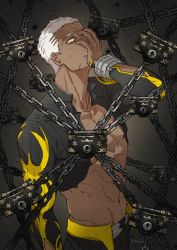 Rule 34 | 1boy, abs, black background, black jacket, black pants, black theme, chain, cornrows, dark skin, emiya alter, fate/grand order, fate (series), g0ringo, ace attorney, hand on own face, jacket, lock, looking at viewer, male focus, muscular, pants, parody, solo, upper body, white hair, yellow eyes