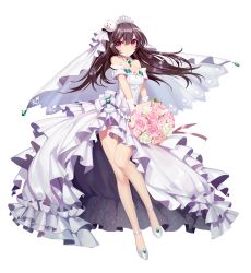 Rule 34 | 1girl, anklet, bare shoulders, bear hair ornament, black hair, blush, bouquet, bridal veil, closed mouth, d. (ddot2018), detached sleeves, diadem, dress, floating hair, flower, full body, gloves, hair between eyes, hair ornament, high heels, iron saga, jewelry, long hair, looking at viewer, necklace, official art, red eyes, short sleeves, solo, standing, su rui (iron saga), tiara, veil, wedding dress, white background, white dress, white gloves