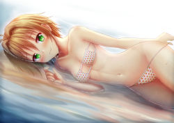 Rule 34 | 1girl, antenna hair, bare arms, bare shoulders, bikini, bikini pull, blush, breasts, brown hair, cardcaptor sakura, cleavage, closed mouth, clothes pull, collarbone, commentary, commission, dutch angle, english commentary, eyepatch bikini, food print, green eyes, groin, hair between eyes, hair intakes, hand up, highres, kinomoto sakura, looking at viewer, lying, medium breasts, navel, on side, print bikini, prophosphere, pulled by self, shallow water, smile, solo, strawberry print, swimsuit, water, white bikini