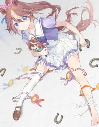 Rule 34 | 1girl, animal ears, bandages, blouse, blue eyes, blue ribbon, brown footwear, brown hair, closed mouth, commentary request, doll, horse ears, horse girl, horse tail, horseshoe, light brown hair, looking at viewer, medal, multicolored hair, pink ribbon, ponytail, purple shirt, ribbon, school uniform, shirt, sitting, skirt, solo, streaked hair, tail, thighhighs, tokai teio (umamusume), umamusume, white skirt, white thighhighs, wss (32656138)