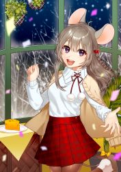 Rule 34 | 1girl, animal ears, bad id, bad pixiv id, beige capelet, black eyes, braid, brown hair, cheese, commentary, food, hair ornament, highres, indoors, long hair, looking at viewer, mikan (migwang), mouse ears, mouse girl, mouse tail, original, pleated skirt, red skirt, ribbon, skirt, smile, snow, solo, sweater, tail, tail ornament, tail ribbon, white sweater, yellow ribbon