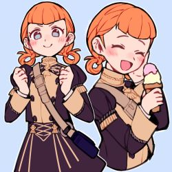 Rule 34 | 1girl, annette fantine dominic, blue background, blue eyes, closed mouth, do m kaeru, closed eyes, fire emblem, fire emblem: three houses, from side, garreg mach monastery uniform, holding, ice cream cone, long sleeves, looking to the side, multiple views, nintendo, open mouth, orange hair, simple background, smile, twintails, uniform