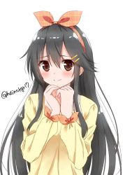 Rule 34 | 1girl, alternate costume, bad id, bad twitter id, black hair, blush, bow, brown eyes, closed mouth, hair between eyes, hair bow, hair ornament, hairclip, haruna (kancolle), hoshino kagari, kantai collection, long hair, long sleeves, looking at viewer, one-hour drawing challenge, simple background, smile, solo, twitter username, white background