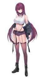 Rule 34 | 1girl, alternate costume, ankle boots, arm at side, bare shoulders, belt buckle, black footwear, black jacket, black nails, blush, boots, breasts, buckle, casual, closed mouth, crop top, cross-laced footwear, damda, earrings, fate/grand order, fate (series), full body, garter straps, hair between eyes, hair intakes, hand on own hip, hoop earrings, jacket, jewelry, lace-up boots, large breasts, long hair, long sleeves, looking at viewer, nail polish, o-ring, off shoulder, open clothes, open jacket, purple hair, purple shorts, purple thighhighs, red eyes, scathach (fate), short shorts, shorts, simple background, solo, standing, thighhighs, very long hair, white background