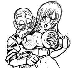 Rule 34 | 1boy, 1girl, age difference, bald, bare legs, beard, blush, grabbing another&#039;s breast, breast hold, breast press, breasts, breasts out, censored, clothes pull, clothing aside, dragon ball, dragonball z, embarrassed, facial hair, forced, grabbing, grabbing from behind, hetero, large breasts, long hair, looking at breasts, looking to the side, maron (dragon ball), missing tooth, moaning, monochrome, muten roushi, naughty face, navel, nipples, old, old man, one-piece swimsuit, one-piece swimsuit pull, open mouth, simple background, sketch, smile, standing, sunglasses, sweat, swimsuit, swimsuit aside, thighs, upper body, white background, yamamoto doujin