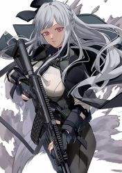 Rule 34 | 1girl, ak-12, ak-12 (girls&#039; frontline), assault rifle, black gloves, black pants, braid, breasts, feet out of frame, french braid, girls&#039; frontline, gloves, grey hair, gun, highres, holding, holding gun, holding weapon, kalashnikov rifle, long hair, long sleeves, looking at viewer, medium breasts, open mouth, pants, parted lips, partially fingerless gloves, purple eyes, rifle, shinoda giri, smoke, solo, standing, tactical clothes, twitter username, weapon, white background