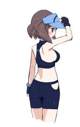 Rule 34 | 1girl, ace trainer (pokemon), arm up, armpits, ass, back, bare shoulders, bike shorts, black gloves, blue hat, blush, breasts, brown eyes, brown hair, creatures (company), cropped legs, female focus, fingerless gloves, from behind, game freak, gloves, half-closed eyes, hat, highres, looking at viewer, looking back, looking to the side, matching hair/eyes, medium breasts, midriff, nagitaro, nintendo, npc trainer, open mouth, poke ball theme, pokemon, pokemon sm, short hair, shy, sideboob, simple background, solo, sports bra, standing, sweat, visor cap, white background