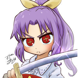 Rule 34 | + +, 1girl, profile picture, bow, chamaji, collared shirt, commentary request, frown, hair bow, high ponytail, holding, holding sword, holding weapon, katana, long hair, looking at viewer, lowres, partial commentary, ponytail, shirt, sidelocks, signature, solo, sword, touhou, upper body, watatsuki no yorihime, weapon, white background