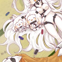 4girls abyssal_ship airfield_princess cellphone claws closed_eyes dress drooling highres horns joy-con kantai_collection kobone leotard long_hair mittens multiple_girls nintendo_switch northern_little_sister northern_ocean_princess pale_skin phone seaport_princess sleeping very_long_hair white_hair