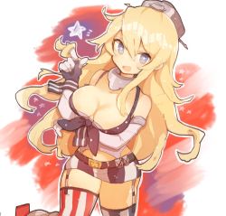 Rule 34 | 10s, 1girl, blonde hair, blue eyes, breasts, cleavage, elbow gloves, fingerless gloves, garter straps, gloves, headgear, iowa (kancolle), kantai collection, large breasts, miniskirt, one eye closed, picohebi, skirt, solo, star-shaped pupils, star (symbol), striped clothes, striped thighhighs, symbol-shaped pupils, thighhighs, vertical stripes