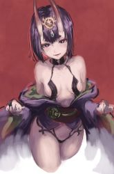 Rule 34 | 1girl, absurdres, bare shoulders, blush, breasts, bright pupils, cowboy shot, fang, fate/grand order, fate (series), gem, head tilt, headpiege, highres, horns, japanese clothes, kimono, looking at viewer, na (oagenosuke), obi, off shoulder, purple eyes, purple hair, purple kimono, red background, revealing clothes, sash, short hair, shuten douji (fate), simple background, sketch, skin-covered horns, small breasts, smile, solo, standing