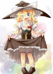 Rule 34 | 1girl, ;d, blonde hair, bloomers, blush, bow, braid, clothes lift, curiosities of lotus asia, curtsey, dress, dress lift, female focus, hair bow, hat, hat ribbon, kirisame marisa, long hair, looking at viewer, one eye closed, open mouth, ribbon, single braid, smile, solo, standing, star (symbol), taker, taker (flamestorm), touhou, underwear, wink, witch hat, wrist cuffs, yellow eyes